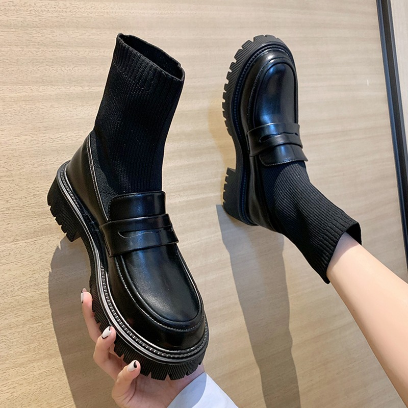 厚底連襪靴女短靴彈力復古春秋中筒飛織襪子靴瘦瘦靴樂福鞋小皮鞋-細節圖4
