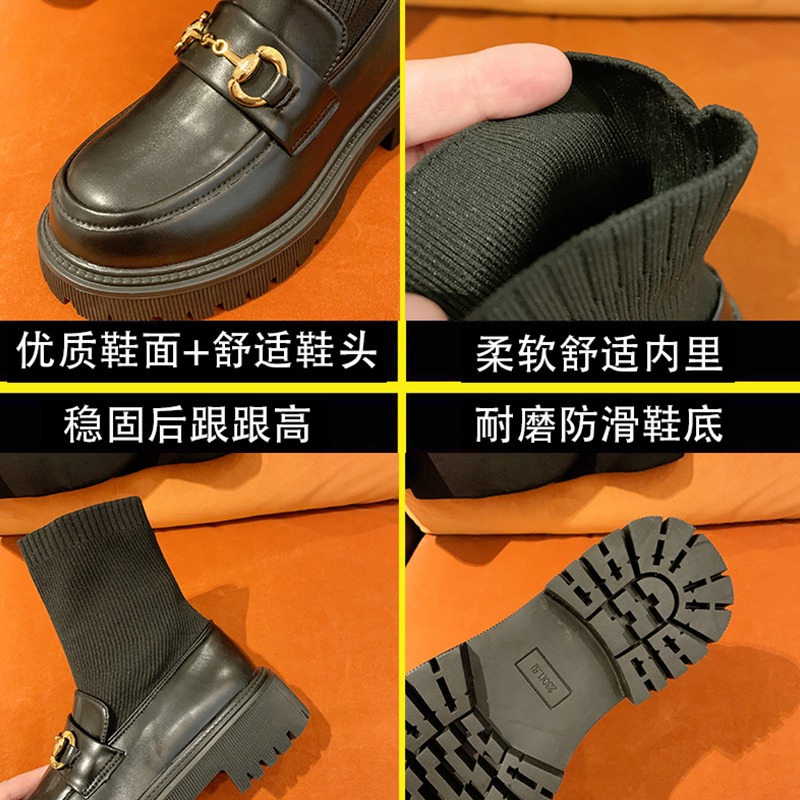 厚底連襪靴女短靴彈力復古春秋中筒飛織襪子靴瘦瘦靴樂福鞋小皮鞋-細節圖5