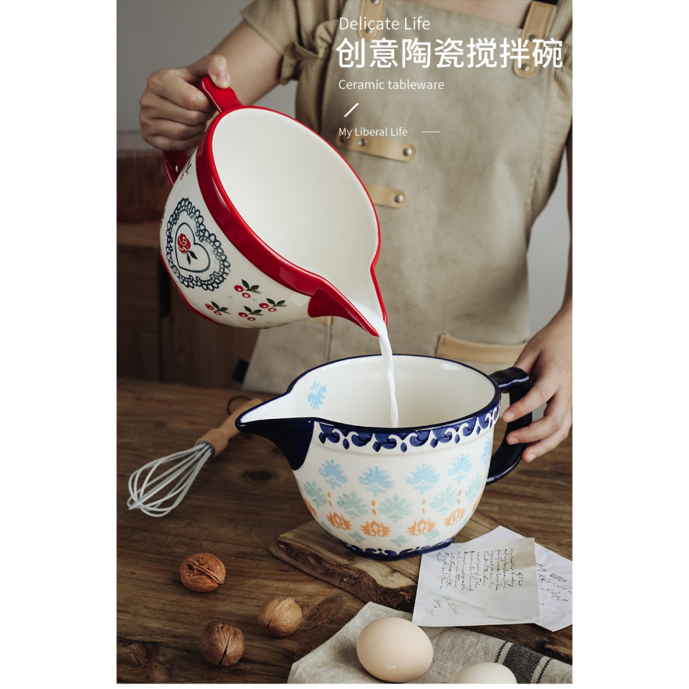 日式風 家用陶瓷攪拌碗 打蛋碗引流嘴和麪盆烘焙碗料理碗餡料碗-細節圖6