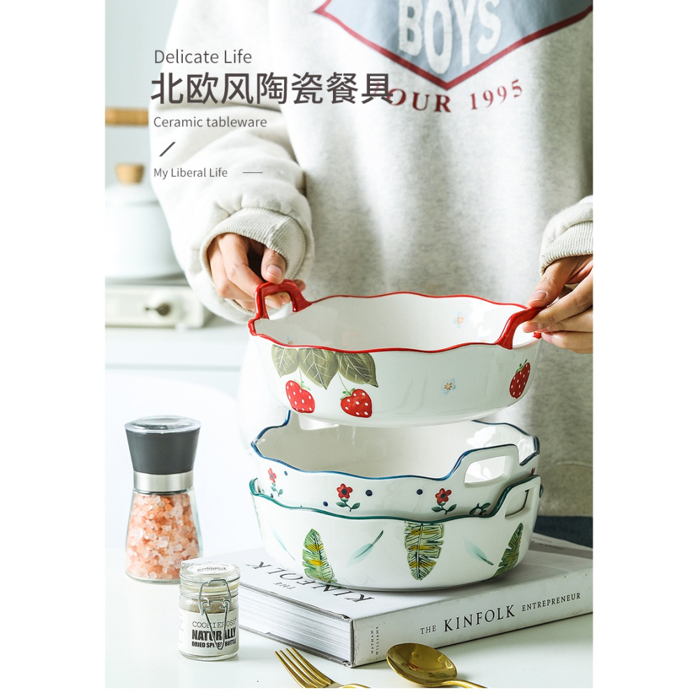 北歐風陶瓷烤盤焗飯盤烤箱可用圓形草莓雙耳盤家用烘焙烤碗盤-細節圖6