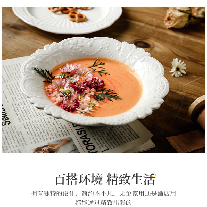 歐式創意浮雕陶瓷碗大號拌麪拉麪碗家用浪漫花邊大湯碗意麪沙拉碗-細節圖10