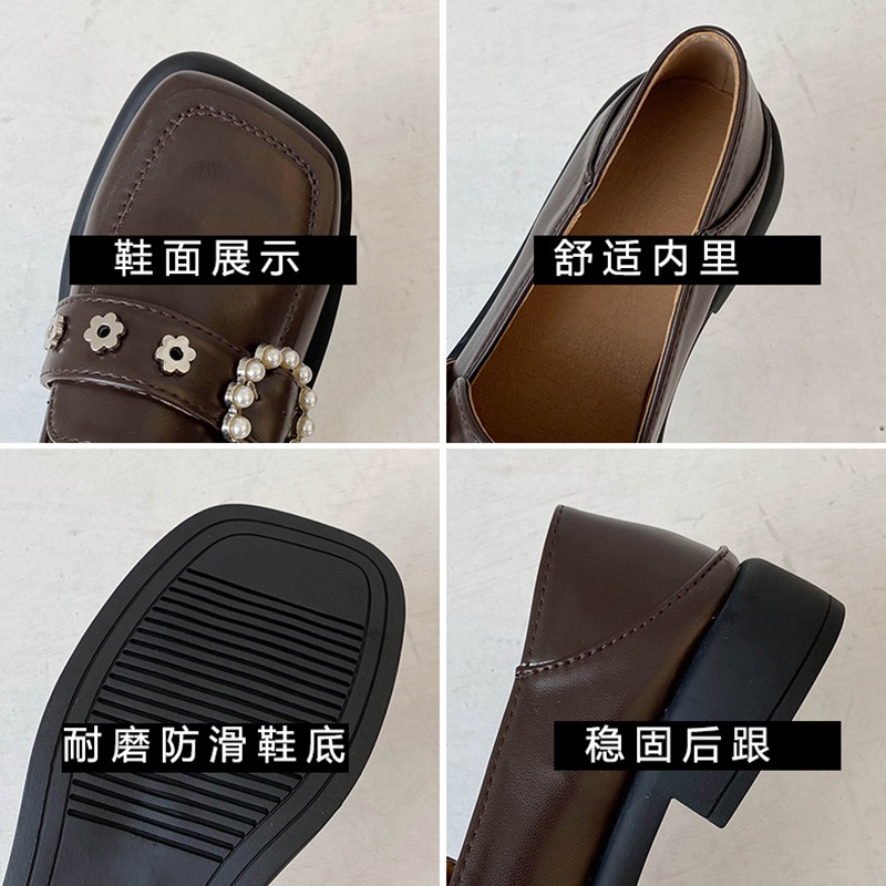 一腳蹬樂福鞋女軟底2021年秋款復古方頭單鞋女中跟仙女學生小皮鞋-細節圖5
