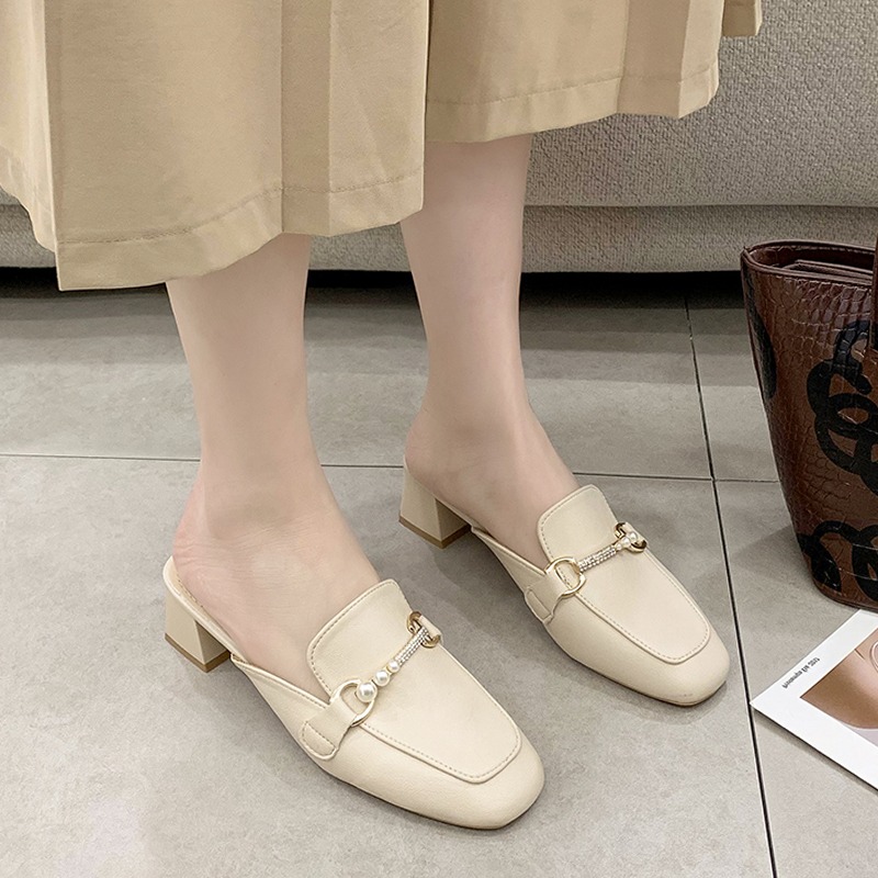 2021新款網紅百搭半托單鞋中跟包頭半拖鞋女夏外穿時尚穆勒鞋涼拖-細節圖4