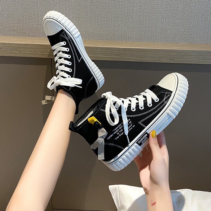 原創小白鞋子2021年新款春季高幫帆布鞋女ulzzang百搭單鞋ins潮鞋-細節圖4