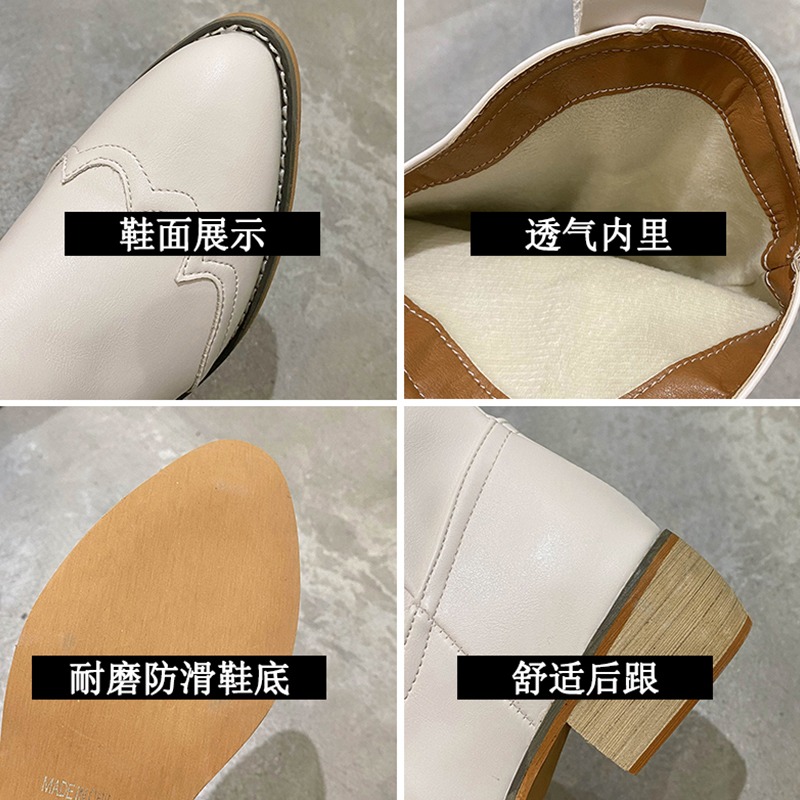 尖頭西部牛仔靴女小個子不過膝長靴中跟顯瘦粗跟v口高筒騎士靴子-細節圖5