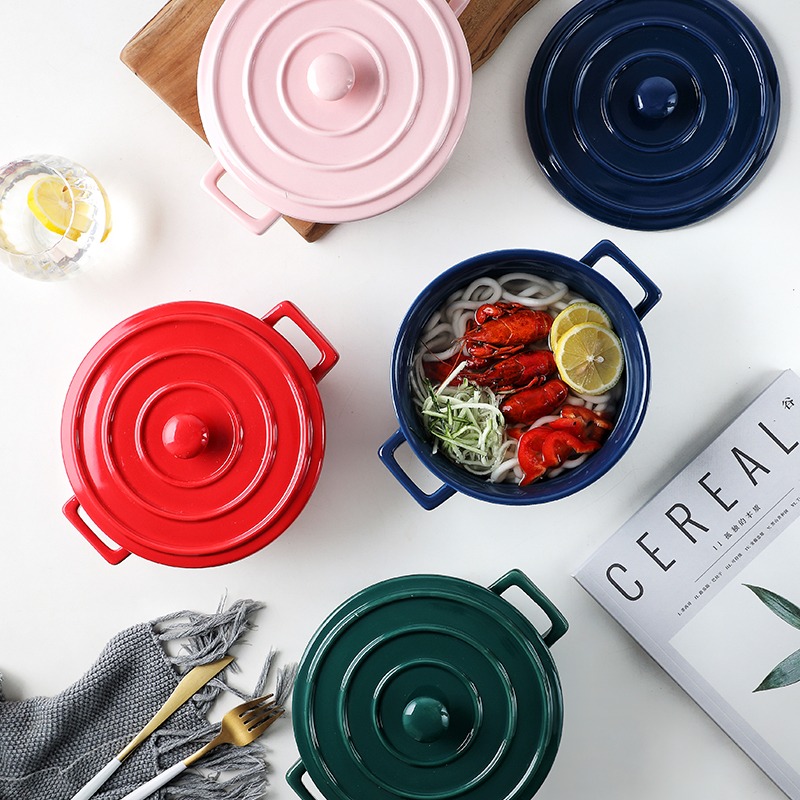 雙耳帶蓋麪碗大號拉麪碗陶瓷大碗湯碗家用面條碗烤碗-細節圖2