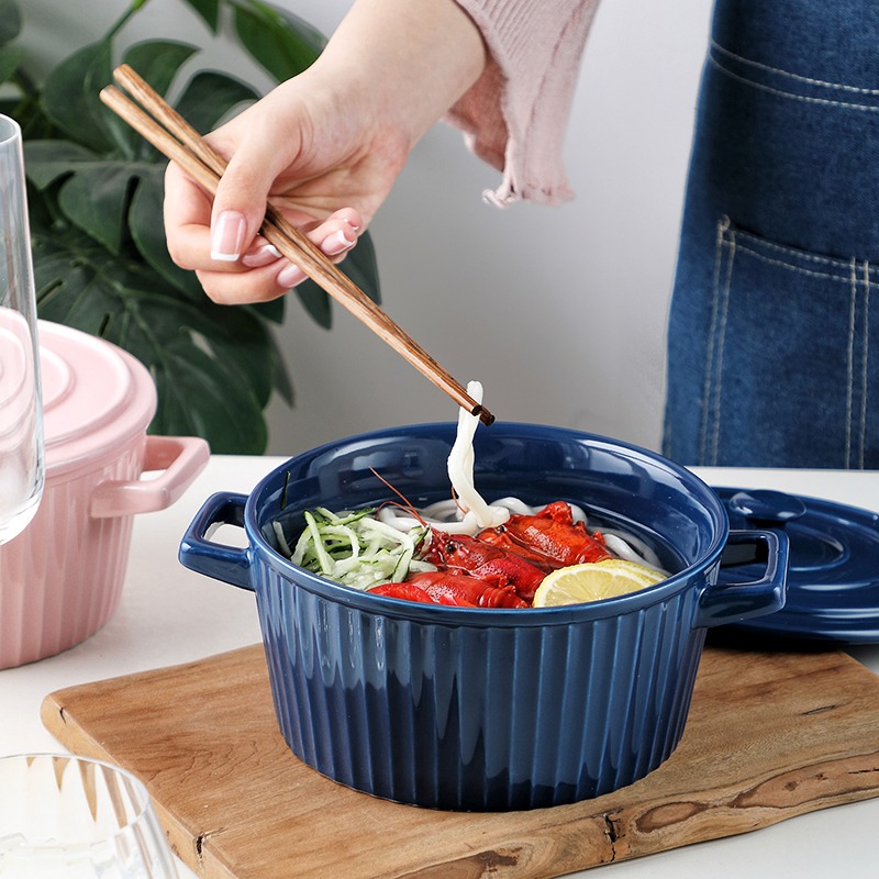 雙耳帶蓋麪碗大號拉麪碗陶瓷大碗湯碗家用面條碗烤碗-細節圖4
