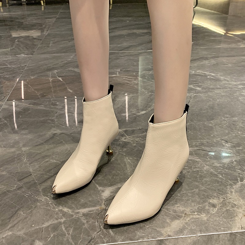 小跟短靴女中跟拉鏈瘦瘦靴2021秋季新款尖頭裸靴細跟高跟鞋時裝靴-細節圖4