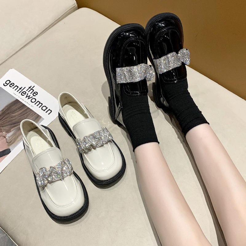 厚底樂福鞋女夏季新款一腳蹬女鞋水鉆復古瑪麗珍鞋英倫風jk小皮鞋-細節圖5