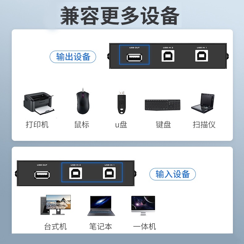 邁拓維矩USB打印機切換器共享器2口二進一出USB切換2進1出送線兩臺電腦用一臺打印機分線器1分2擴展分支器-細節圖2