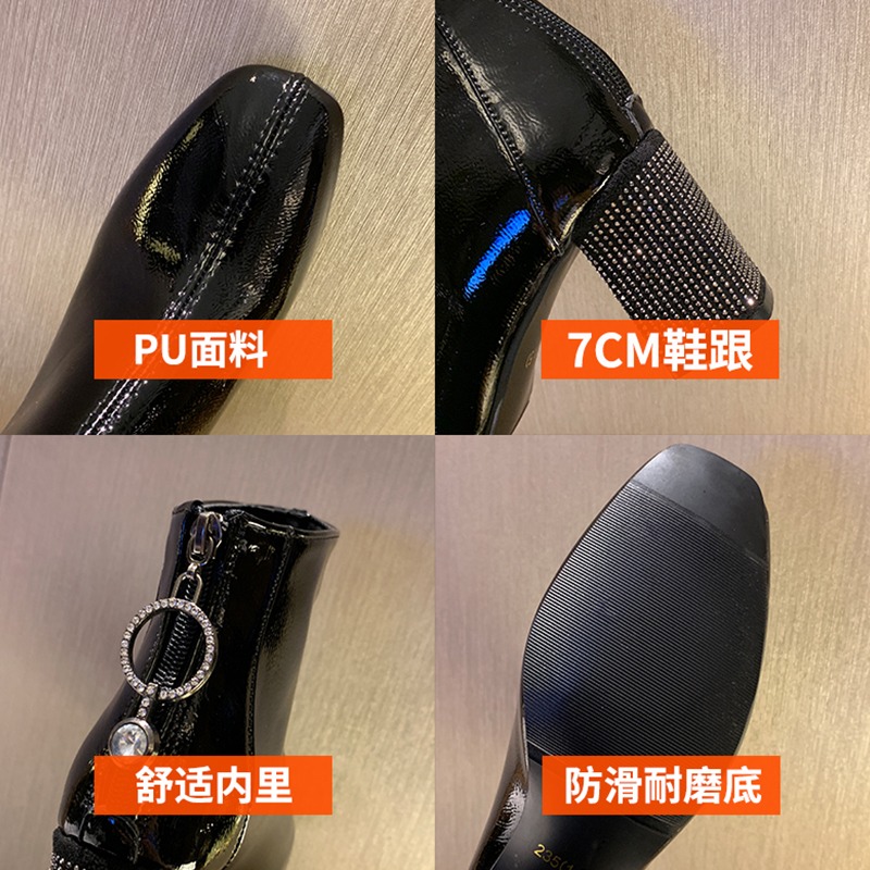 軟皮方頭秋冬粗跟短靴女2021年新款馬丁靴氣質百搭小眾時裝高跟鞋-細節圖5
