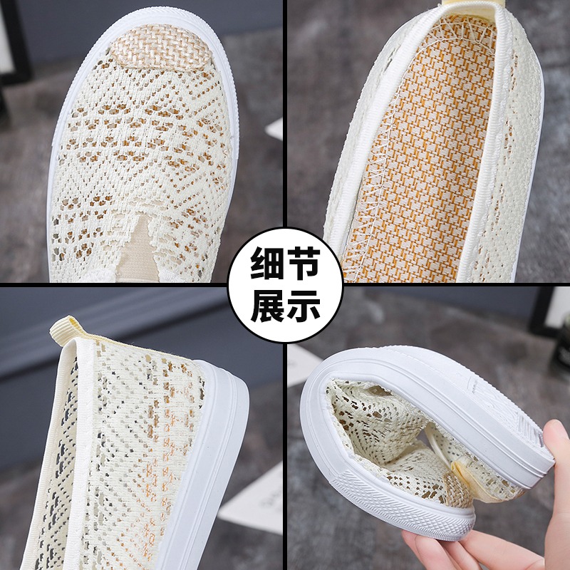 2021夏季漁夫鞋女平底老北京布鞋網面透氣蕾絲一腳蹬懶人鞋孕婦鞋-細節圖5