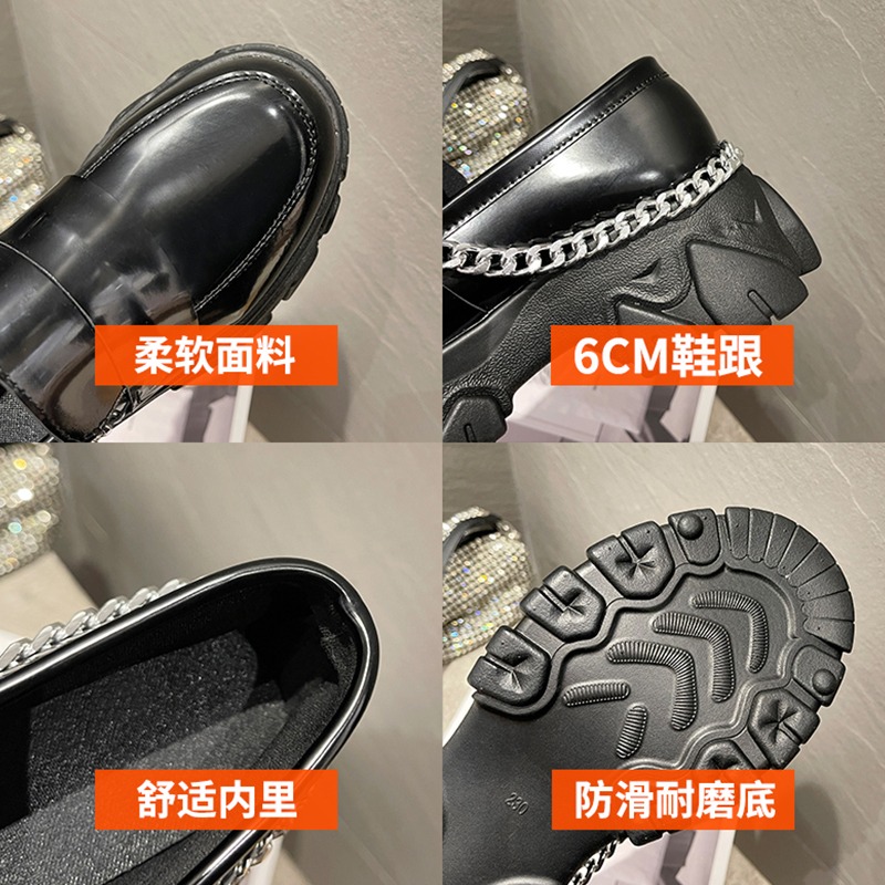 2021新款復古英倫風厚底小皮鞋女一腳蹬鬆糕鏈條樂福鞋JK大頭鞋F-細節圖5