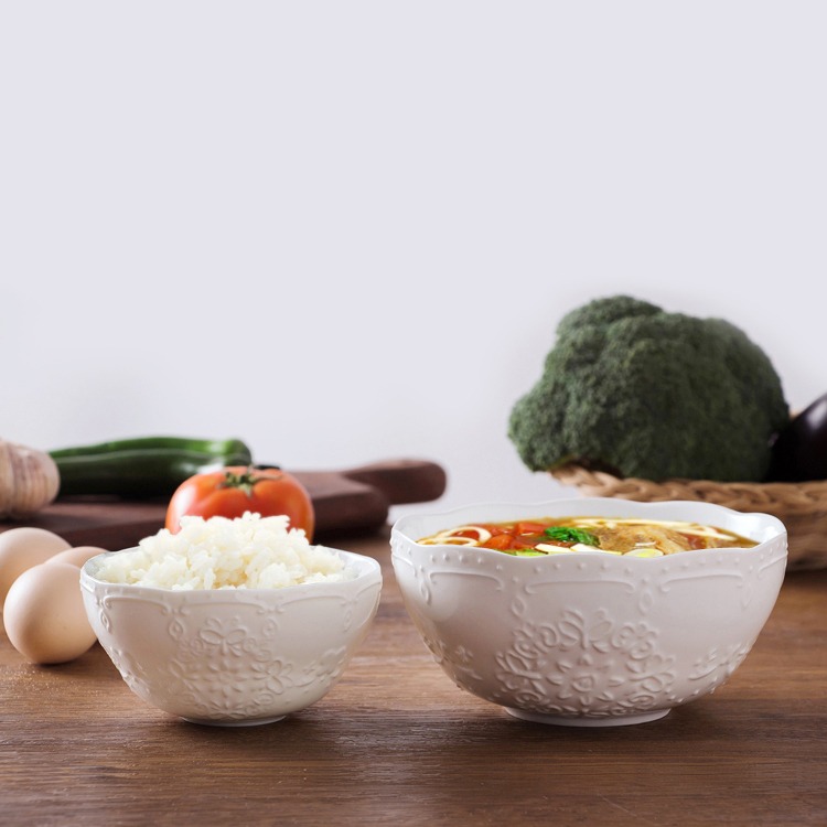 景德鎮純白色家用小湯碗骨瓷浮雕韓式麪碗花邊米飯碗陶瓷喫飯大碗-細節圖2