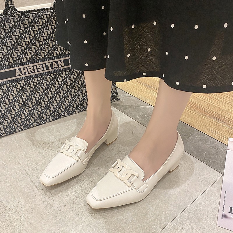 小皮鞋女粗跟2021春秋新款小方頭百搭法式軟皮簡約職業通勤樂福鞋-細節圖3