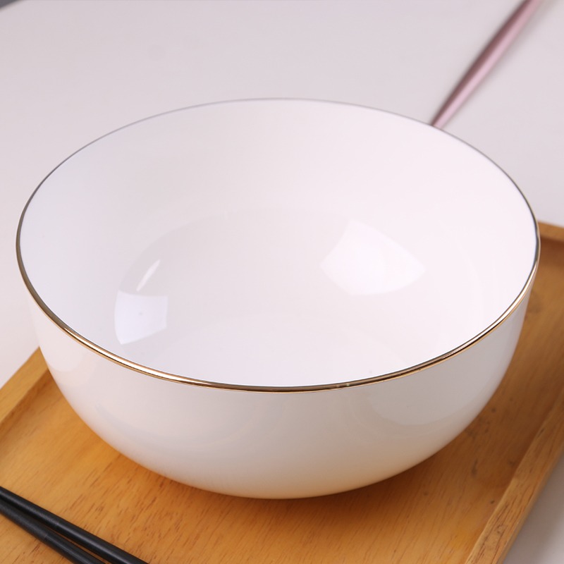 景德鎮中式家用喫飯碗米飯碗麪碗純白創意陶瓷碗金邊湯碗泡麪碗-細節圖3