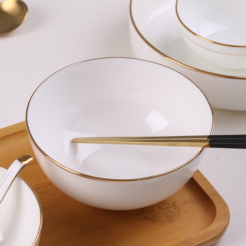 景德鎮中式家用喫飯碗米飯碗麪碗純白創意陶瓷碗金邊湯碗泡麪碗-細節圖5