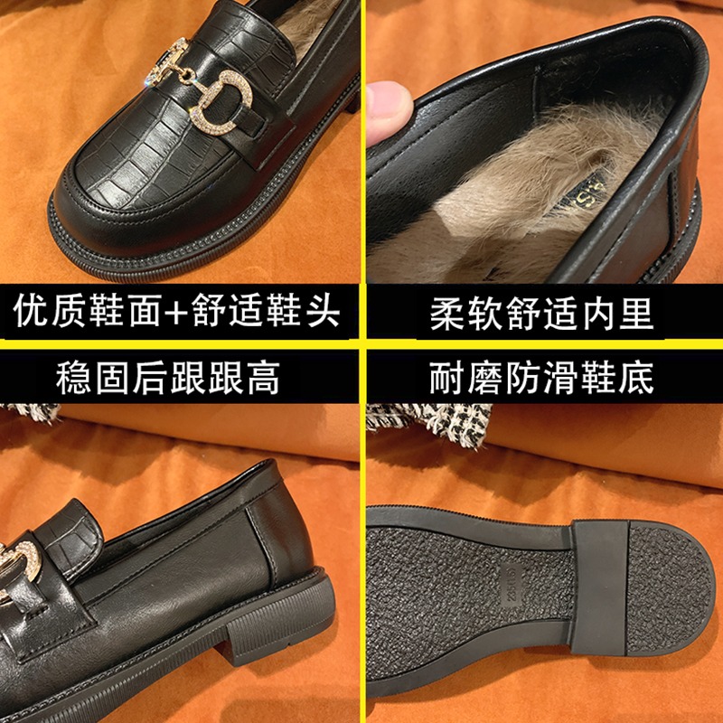馬銜扣樂福鞋女春秋2021新款加絨黑色JK英倫風小皮鞋平底復古單鞋-細節圖5