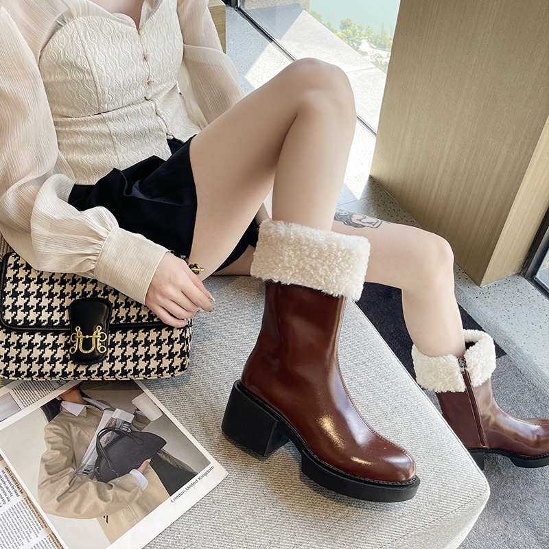 復古短筒時裝靴女2021秋冬季新款加絨加厚粗跟小短靴羊羔毛中筒靴-細節圖4