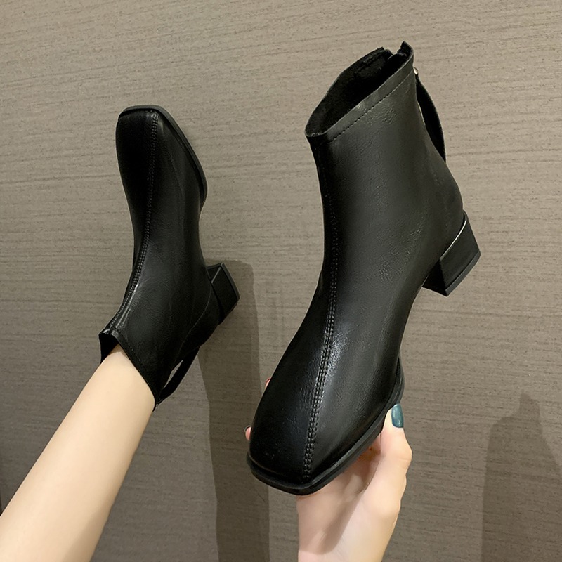 粗跟靴子女2021新款秋冬單靴英倫方頭短靴後拉鏈瘦瘦靴中跟彈力靴-細節圖3