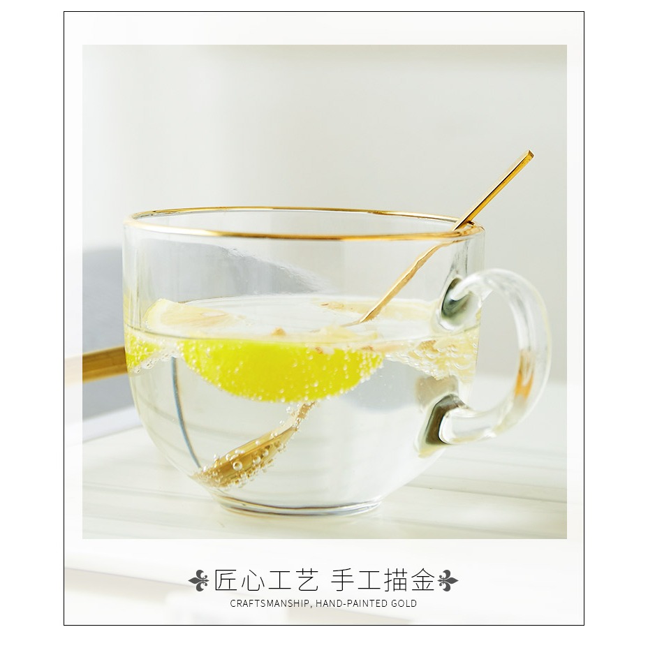 牛奶杯早餐杯家用燕麥杯大容量歐式麥片杯玻璃碗杯ins風金邊帶把-細節圖10