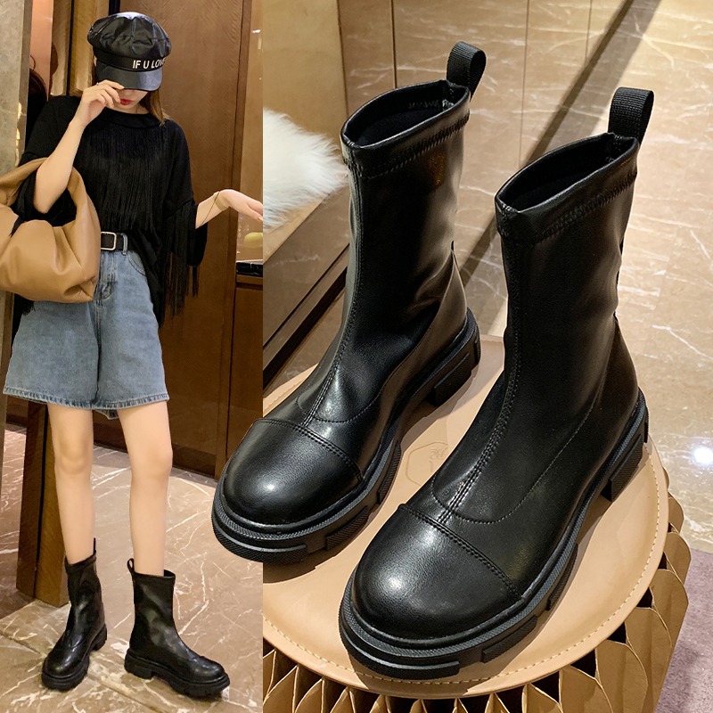 韓版圓頭套筒時裝靴女2021秋季新款百搭小短靴中跟顯瘦馬丁靴子潮-細節圖5