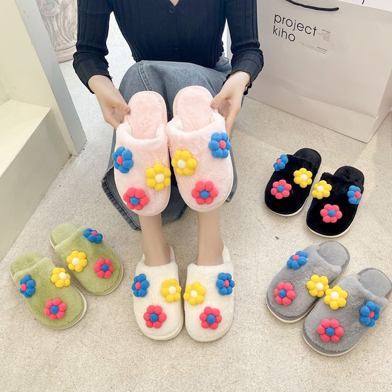 2021冬韓版ins少女心小紅花一字防滑女士厚底家居家外穿毛毛拖鞋-細節圖4