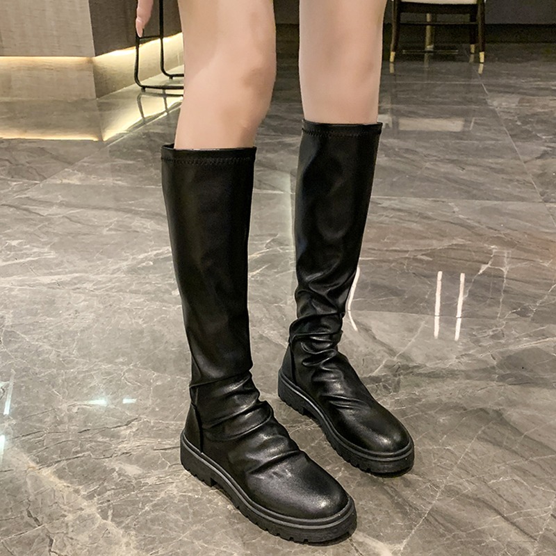 馬丁靴2021年新款女韓版粗跟中跟瘦瘦靴高筒靴彈力長靴顯瘦馬丁靴-細節圖3