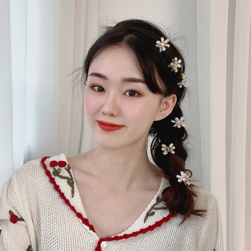女士發夾韓國氣質優雅時尚發卡風五瓣花朵珍珠夾子頭飾半扎發抓夾-細節圖4