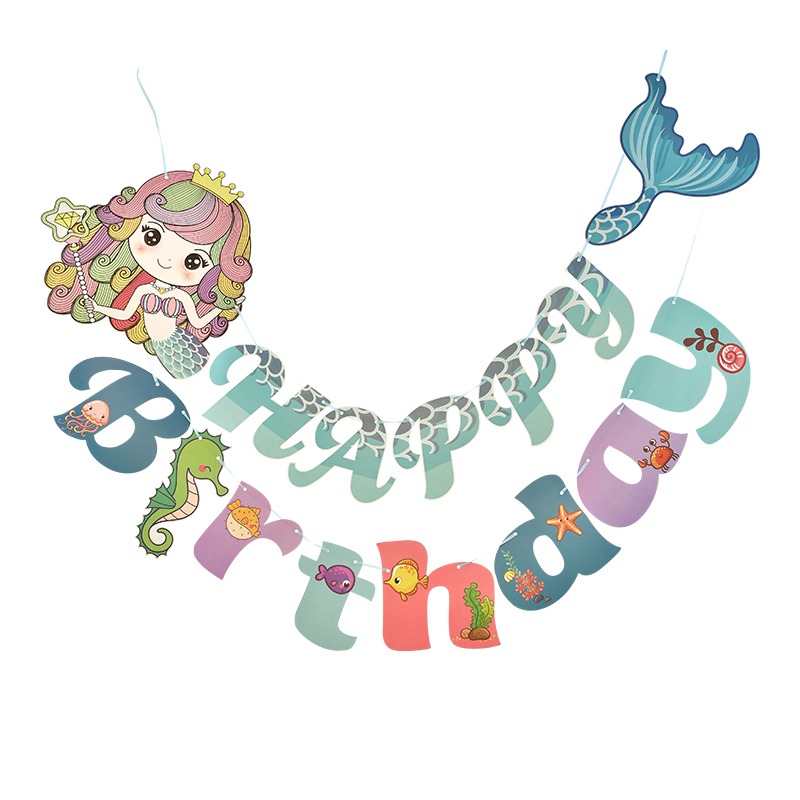 美人魚生日卡通條幅兒童女孩周歲裝飾佈置拉旗彩旗派對場景佈置-細節圖2