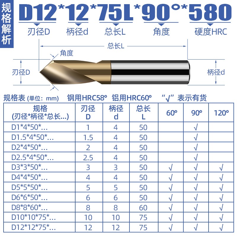 60/90/120度鎢鋼合金定位鉆定心鉆定點鉆1 1.5 2 3 4 5 6 8 10 12-細節圖3
