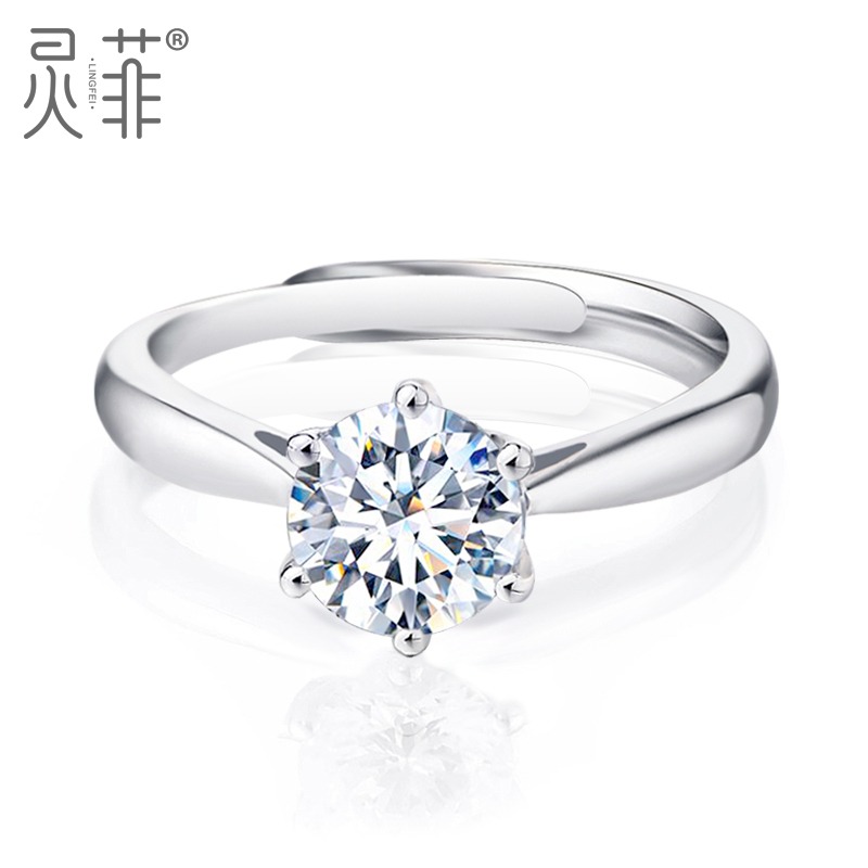 正品莫桑鉆戒莫桑石戒指925純銀六爪1克拉火彩小鉆結婚對戒男女戒-細節圖3