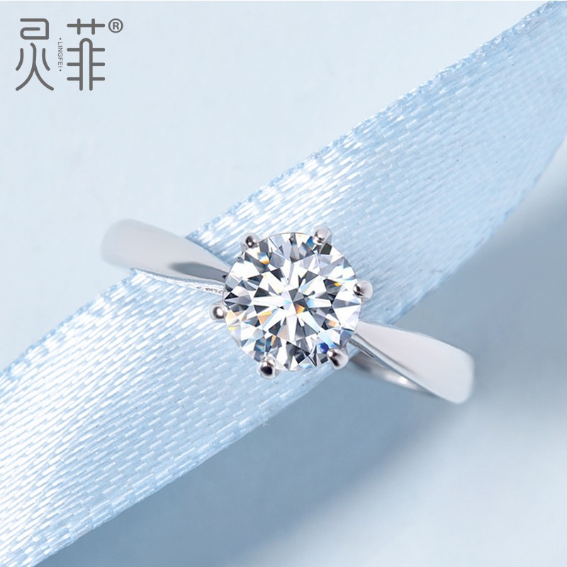正品莫桑鉆戒莫桑石戒指925純銀六爪1克拉火彩小鉆結婚對戒男女戒-細節圖4