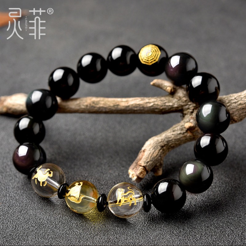年黑曜石三合生肖貴人手鏈虎馬狗屬虎人本命年虎年吉祥物男女-細節圖3