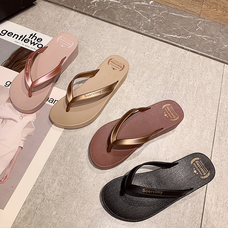 網紅休閑海邊沙灘鞋女夏季時尚純色ins可外穿簡約坡跟港風人字拖-細節圖2