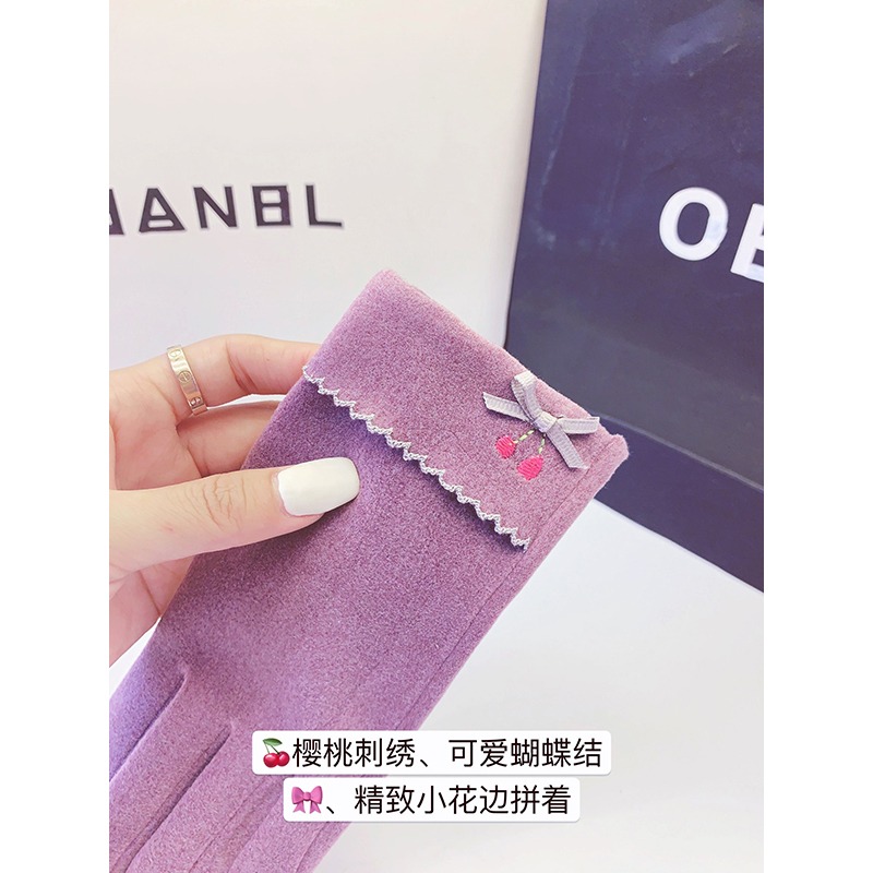 手套女秋冬薄韓版可愛花邊彈力德絨開車觸屏戶外騎車修手學生防風-細節圖4