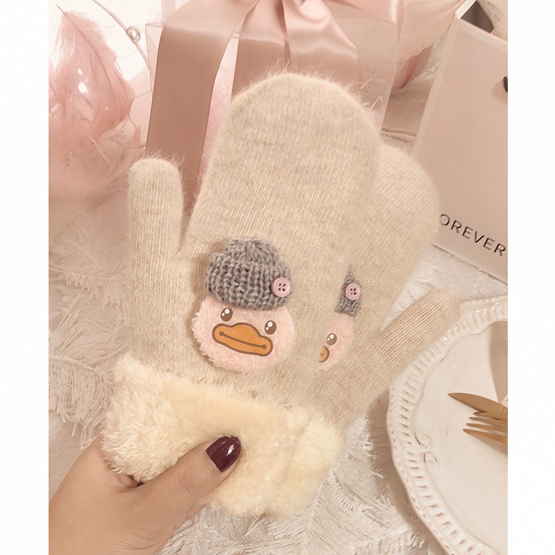手套女冬保暖可愛韓版毛線秋INS棉連包指學生棉卡通防寒加絨加厚-細節圖5