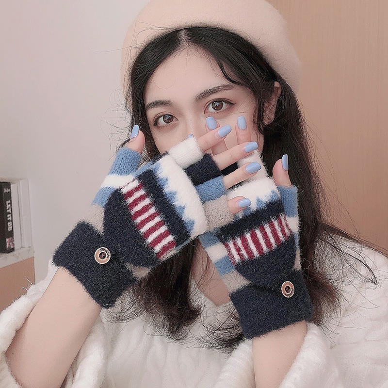 半指翻蓋手套女秋冬季韓版加厚針織保暖學生寫字防寒漏指可愛毛絨-細節圖2