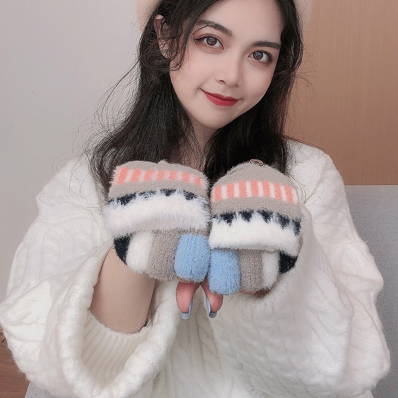 半指翻蓋手套女秋冬季韓版加厚針織保暖學生寫字防寒漏指可愛毛絨-細節圖3
