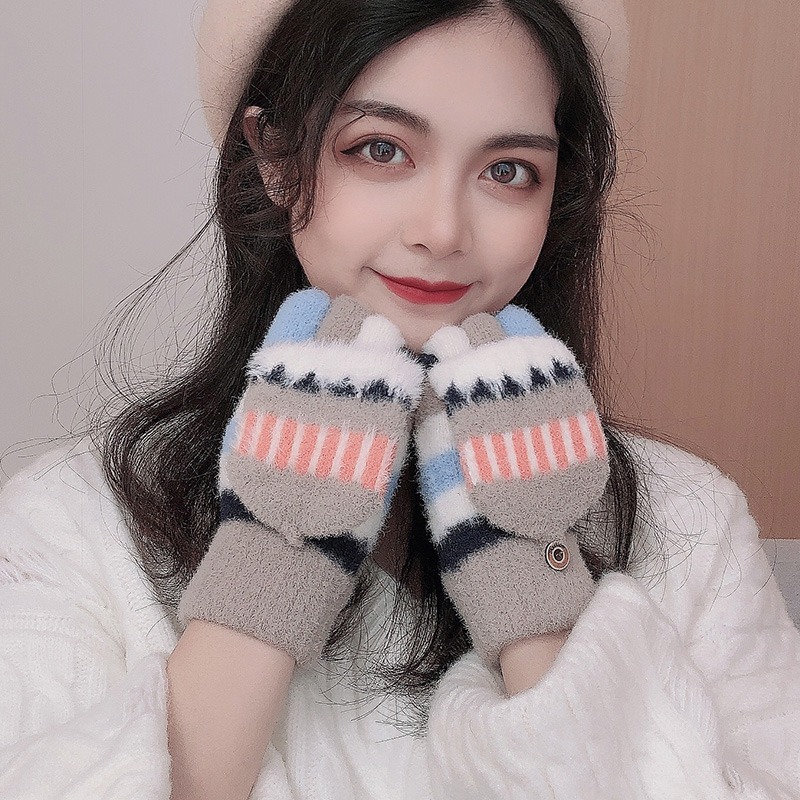 半指翻蓋手套女秋冬季韓版加厚針織保暖學生寫字防寒漏指可愛毛絨-細節圖5