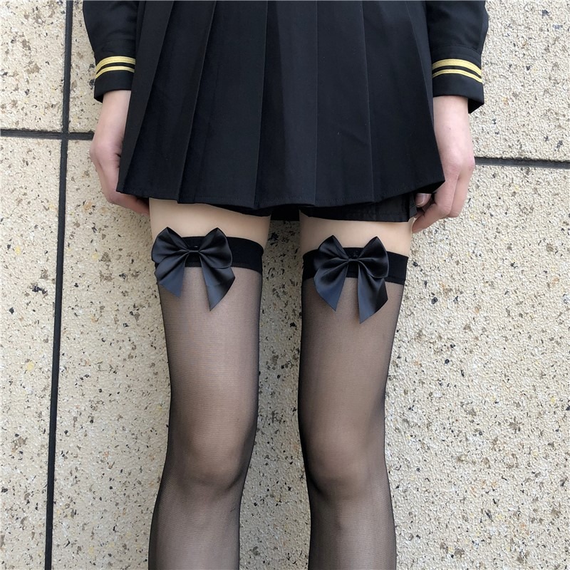 蝴蝶結黑絲襪女網紅黑色ins長筒襪子潮JK可愛白絲蘿莉超薄款長襪-細節圖2