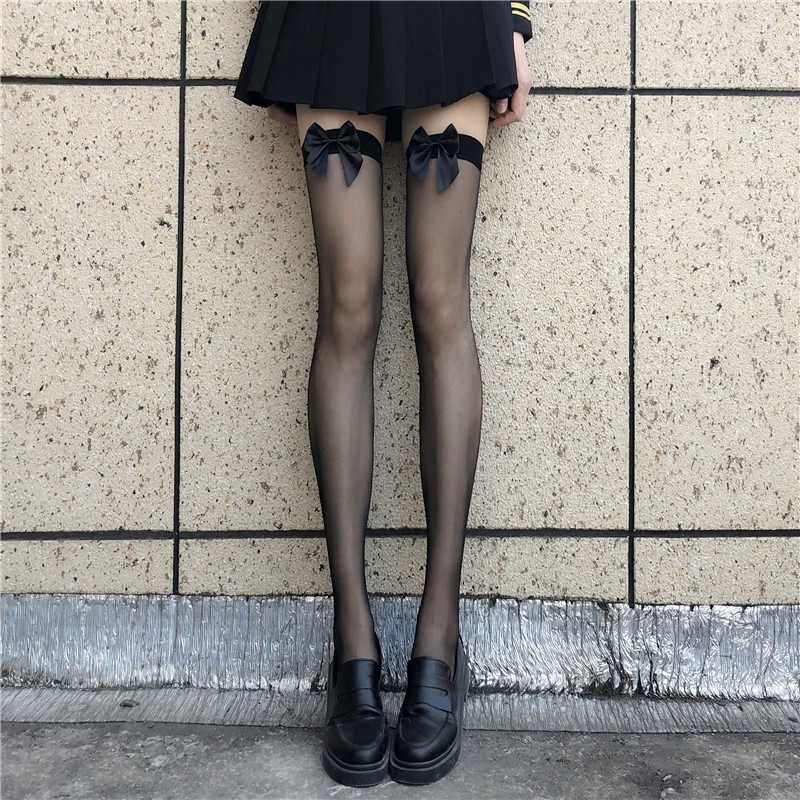 蝴蝶結黑絲襪女網紅黑色ins長筒襪子潮JK可愛白絲蘿莉超薄款長襪-細節圖3