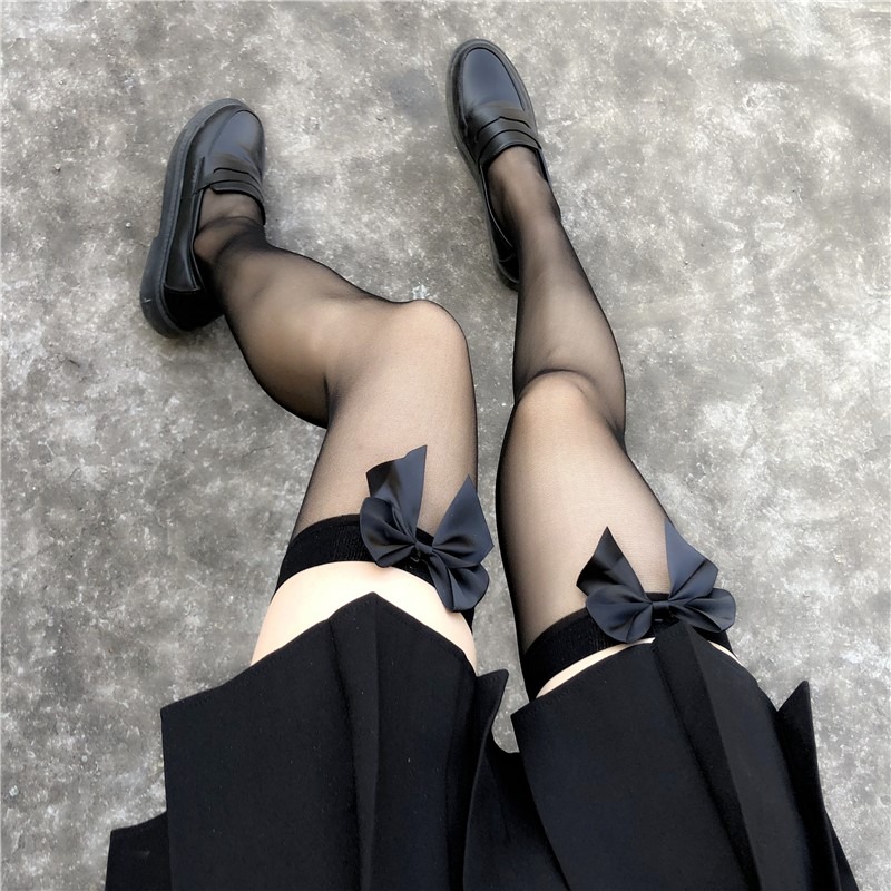 蝴蝶結黑絲襪女網紅黑色ins長筒襪子潮JK可愛白絲蘿莉超薄款長襪-細節圖4