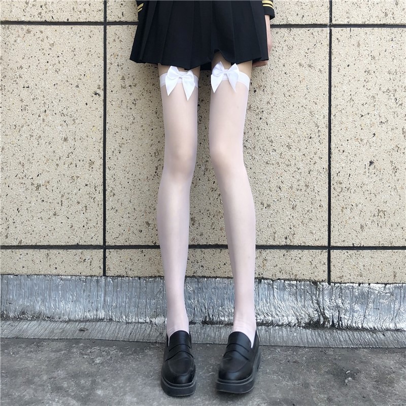 蝴蝶結黑絲襪女網紅黑色ins長筒襪子潮JK可愛白絲蘿莉超薄款長襪-細節圖5