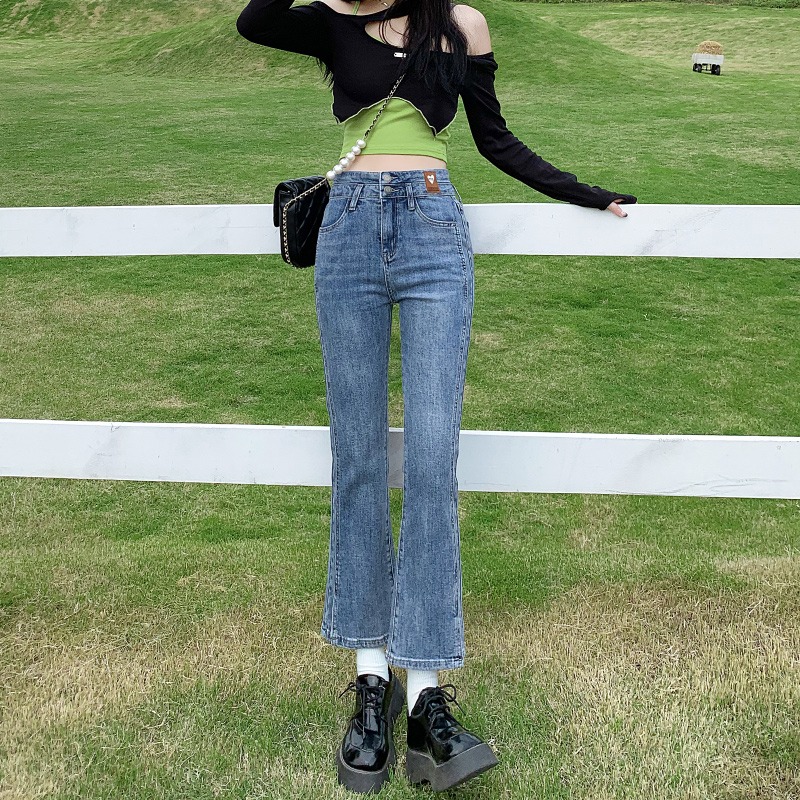春裝2022年新款高腰開叉牛仔褲女春季分叉九分小個子微喇叭褲子潮-細節圖3