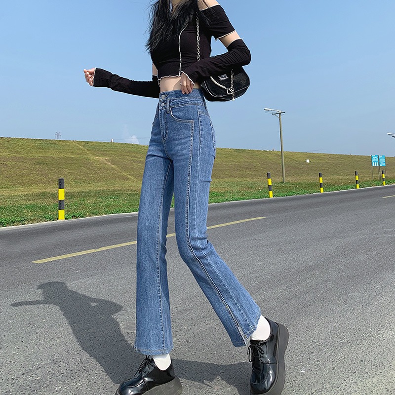 春裝2022年新款高腰開叉牛仔褲女春季分叉九分小個子微喇叭褲子潮-細節圖5