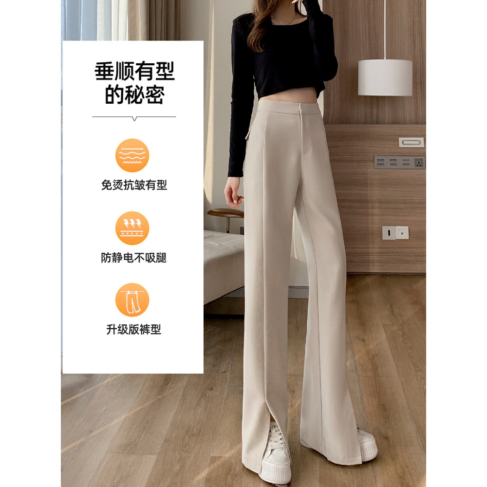 黑色闊腿褲女夏季2022新款直筒寬松西裝褲高腰垂墜感開叉微喇叭褲-細節圖3