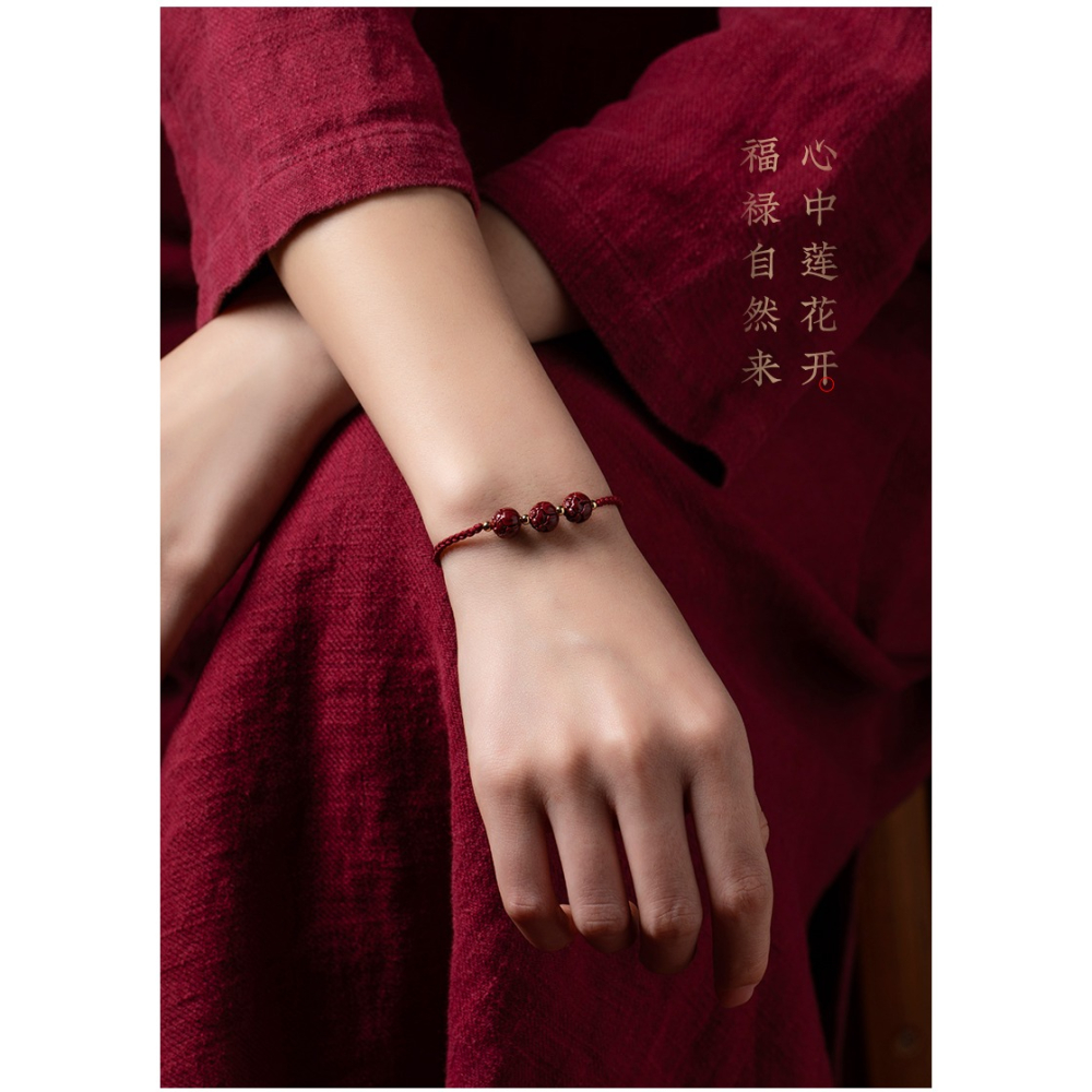 福一方[上岸]蓮花硃砂天然和田玉福牌紅繩編織閨蜜手鏈轉運平安女-細節圖8