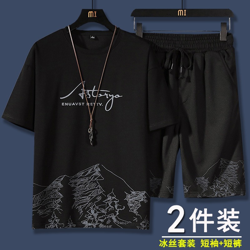 夏季休閑運動套裝男士冰絲短袖t恤短褲一整套2022新款潮流兩件套-細節圖5
