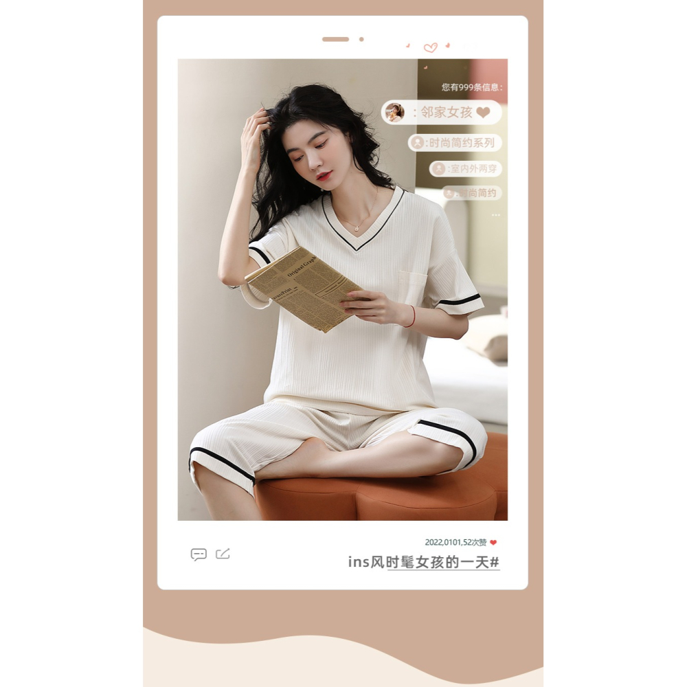 睡衣女夏天純棉短袖2022年新款大碼薄款寬松可外穿家居服兩件套裝-細節圖6